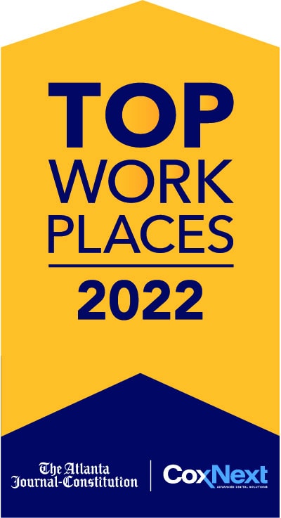 A yellow and blue banner displays the text "TOP WORK PLACES 2022," with logos for "The Atlanta Journal-Constitution" and "CoxNext" at the bottom.