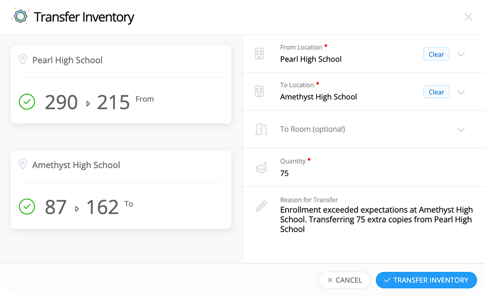Screen grab of Transfer Inventory.