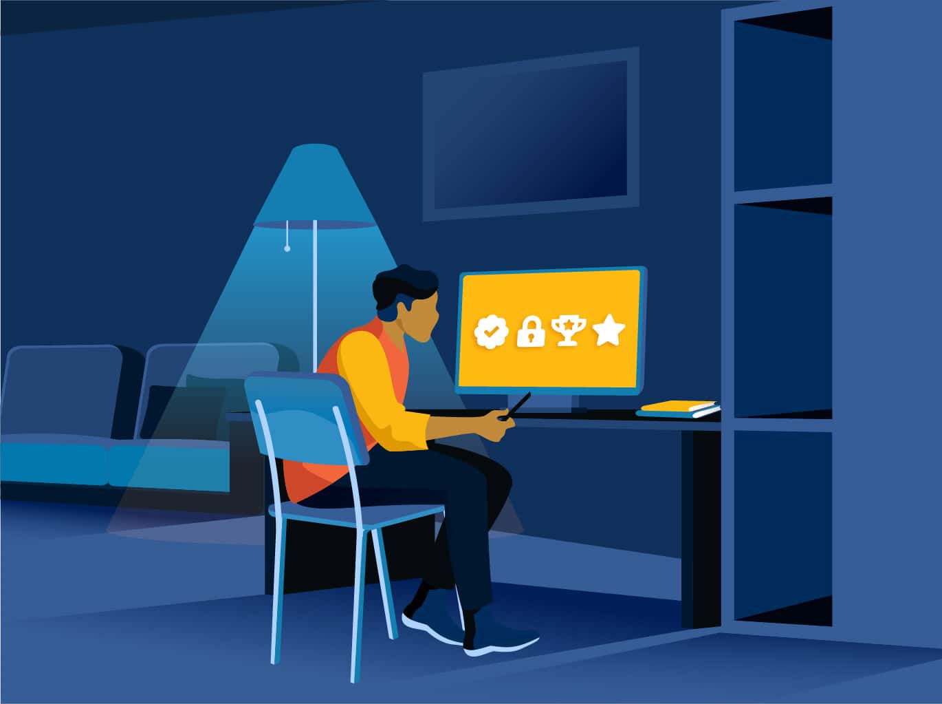 Illustration of man sitting at desk looking at a computer.