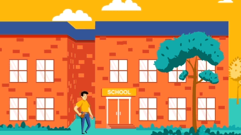 A person walks toward a red brick school building labeled "SCHOOL," surrounded by greenery and under a bright sky with clouds.