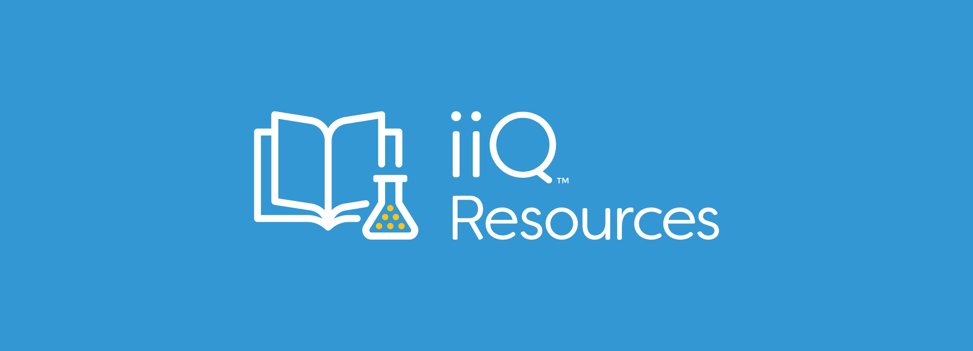 An open book and a laboratory flask icon are placed next to the text "iiQ Resources" on a blue background.