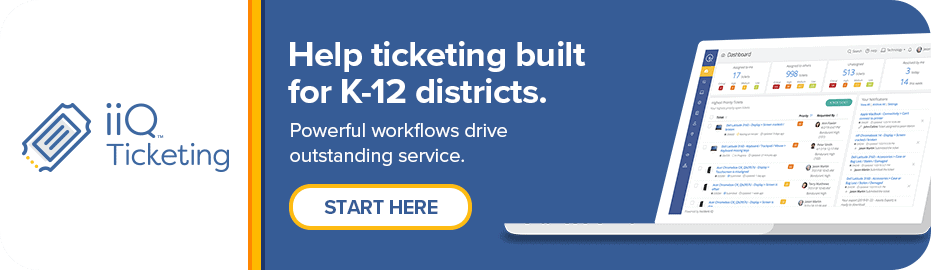 Logo of iiQ Ticketing displayed alongside a laptop screen showing a dashboard for ticket management. Text reads: "Help ticketing built for K-12 districts. Powerful workflows drive outstanding service." A "START HERE" button is visible.