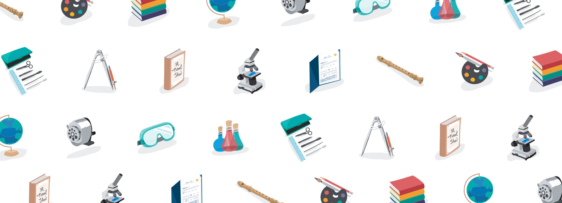 A pattern of educational items includes books, microscopes, globes, paint palettes, beakers, rulers, protractors, and goggles. These items are uniformly arranged on a white background.