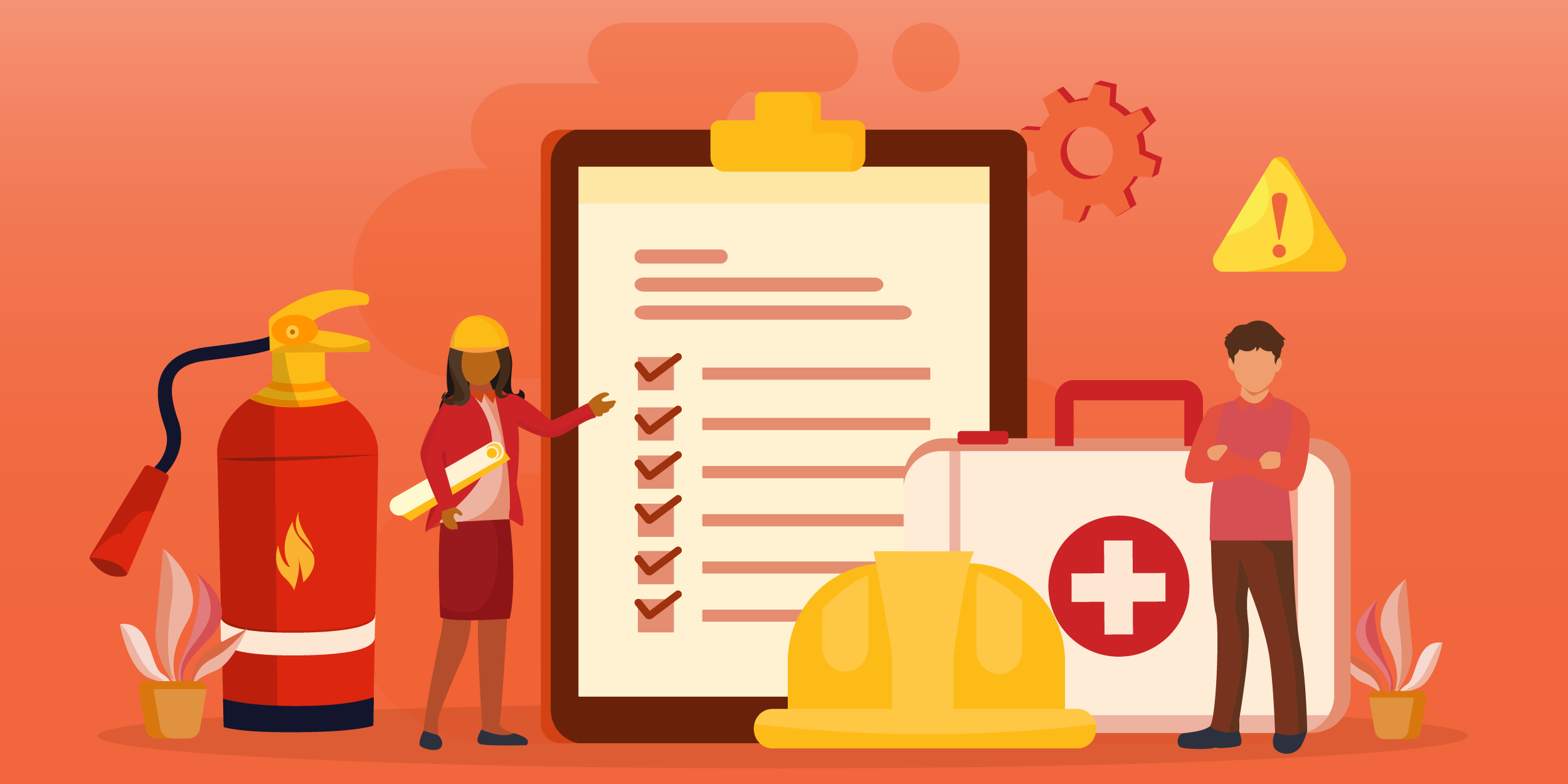 A clipboard with a checklist and a person pointing at it. Nearby, a fire extinguisher, a hard hat, and a first aid kit are present. Background is light orange.