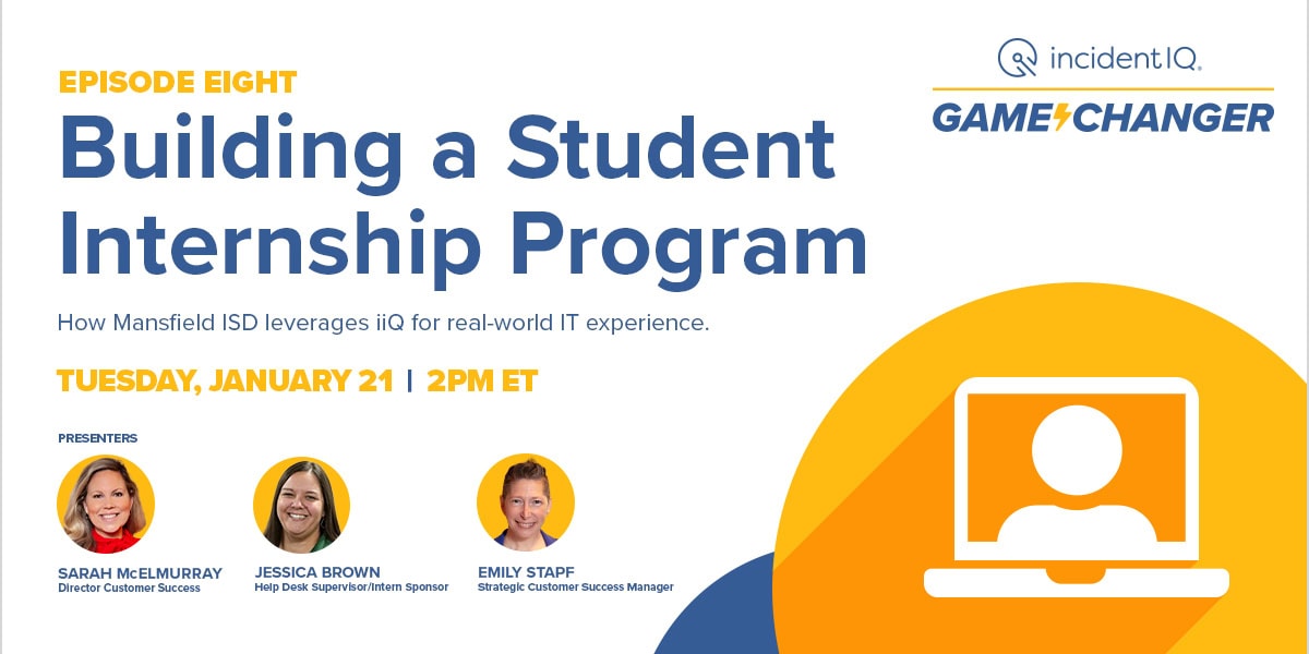 Episode eight titled "Building a Student Internship Program" discusses Mansfield ISD's use of iiQ for IT experience, airing Tuesday, January 21 at 2PM ET. Presenters: Sarah McElmurray, Jessica Brown, Emily Stapf.