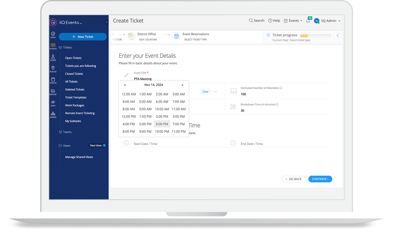 Laptop displaying event management software interface. User creates a ticket for "PTA Meeting" on November 14, 2024. Sidebar options include tickets and reports. Estimated attendees: 100. Breakdown time: 30 minutes.