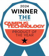 A blue and orange ribbon badge features text declaring "THE CAMPUS TECHNOLOGY PRODUCT OF THE YEAR" with a star, indicating an award or recognition in an educational technology context.
