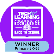 A circular badge displays text reading "TECH & LEARNING AWARDS OF EXCELLENCE 2024 BACK TO SCHOOL WINNER Primary (K-6)." The badge is predominantly purple and blue with a modern design.