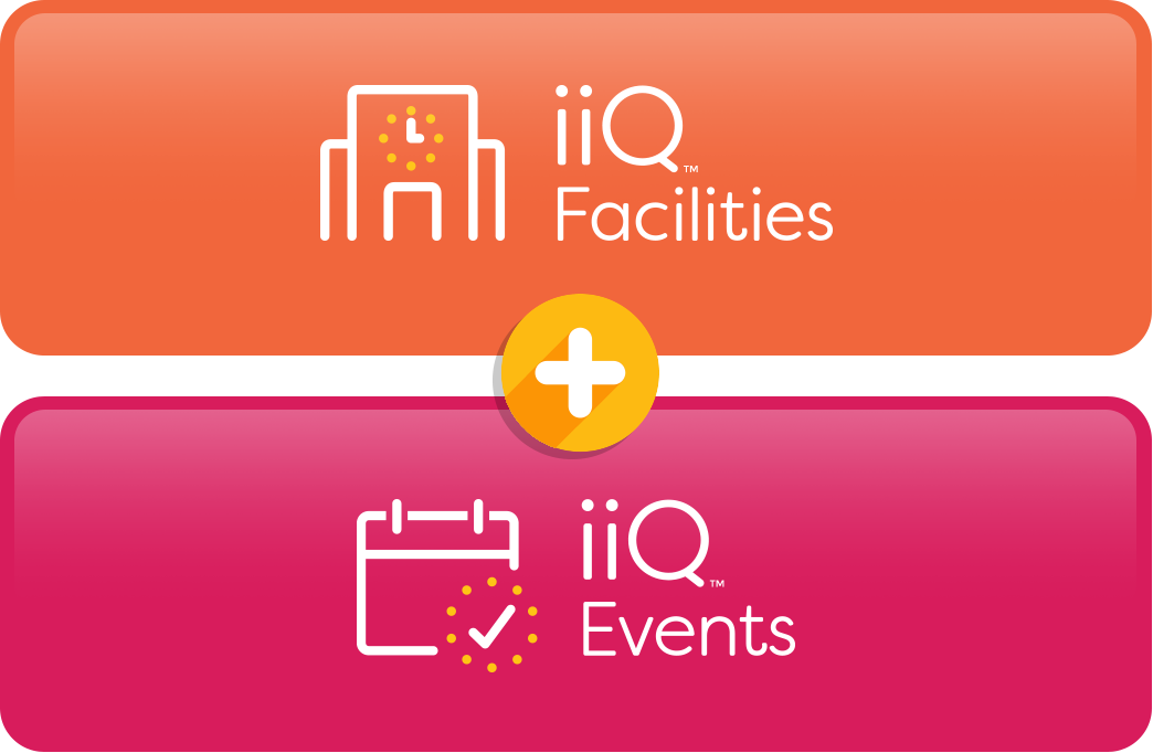 An orange and pink graphic features two sections: a chair with a clock and text "iiQ Facilities" and a calendar with a checkmark and text "iiQ Events," separated by a yellow plus symbol.