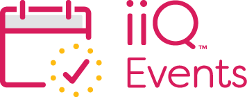 A stylized calendar icon with a check mark encircled by dots. Text reads "iiQ Events" in bold, pink letters, highlighting organizational or scheduling services.