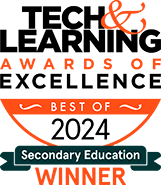 A badge reads "Reader's Choice Winner - Albuquerque Journal - Best of the City 2023" in orange and black. Below, it says "Secondary Education" on a dark background. Surrounding is a simple design.