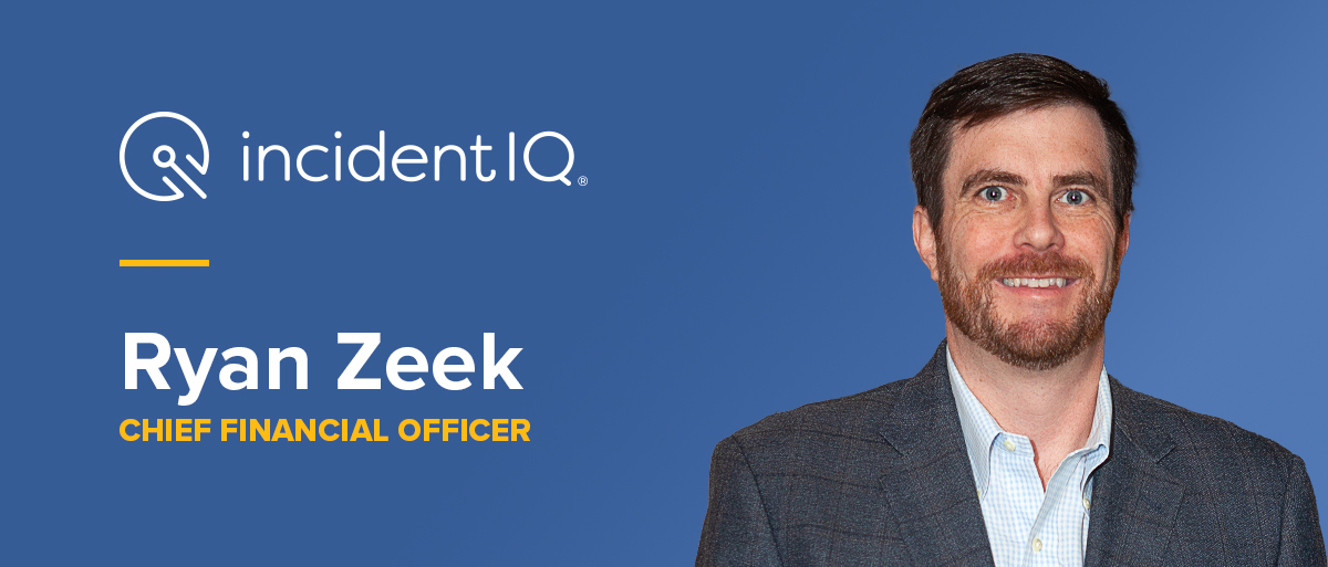 A man in a suit smiles against a blue background. Text reads: "incident IQ" and "Ryan Zeek, Chief Financial Officer."