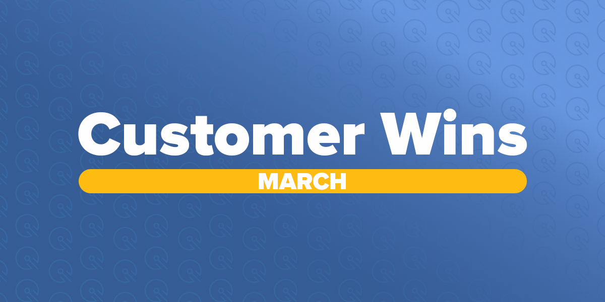 Text "Customer Wins MARCH" is centered on a blue background with a subtle pattern. A yellow bar highlights "MARCH" below the main text.