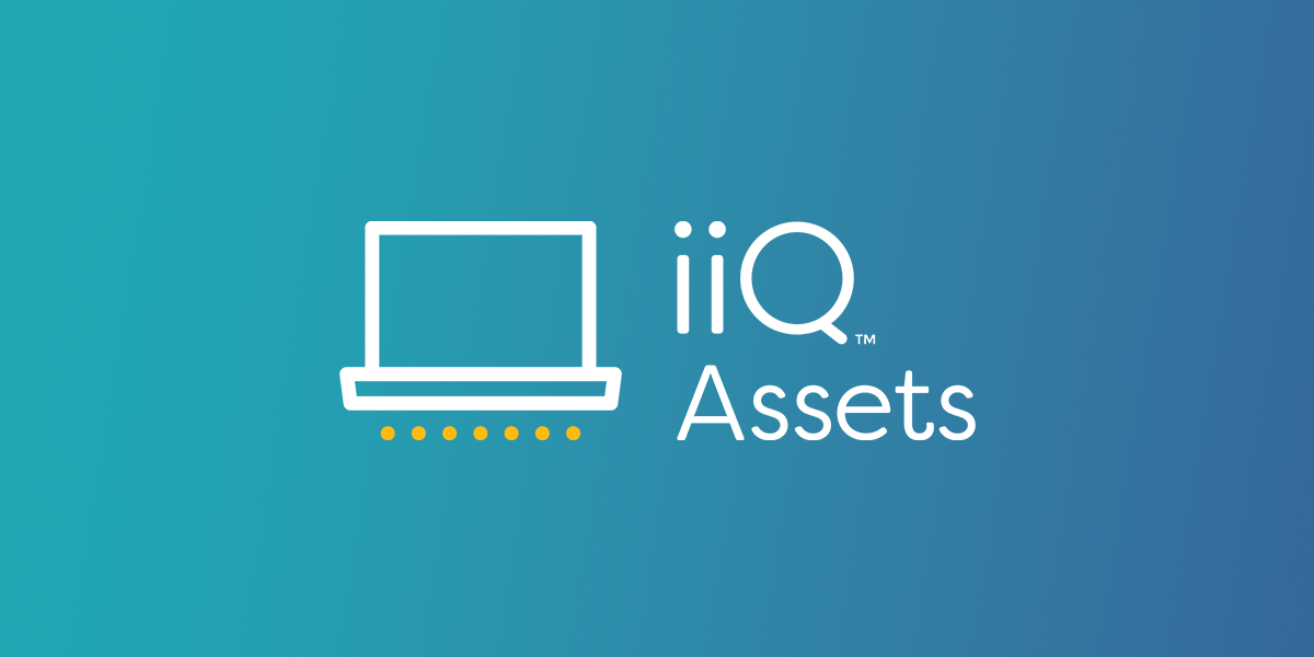 A stylized white laptop icon with yellow dots below, placed beside the text "iiQ Assets" on a blue-green gradient background.