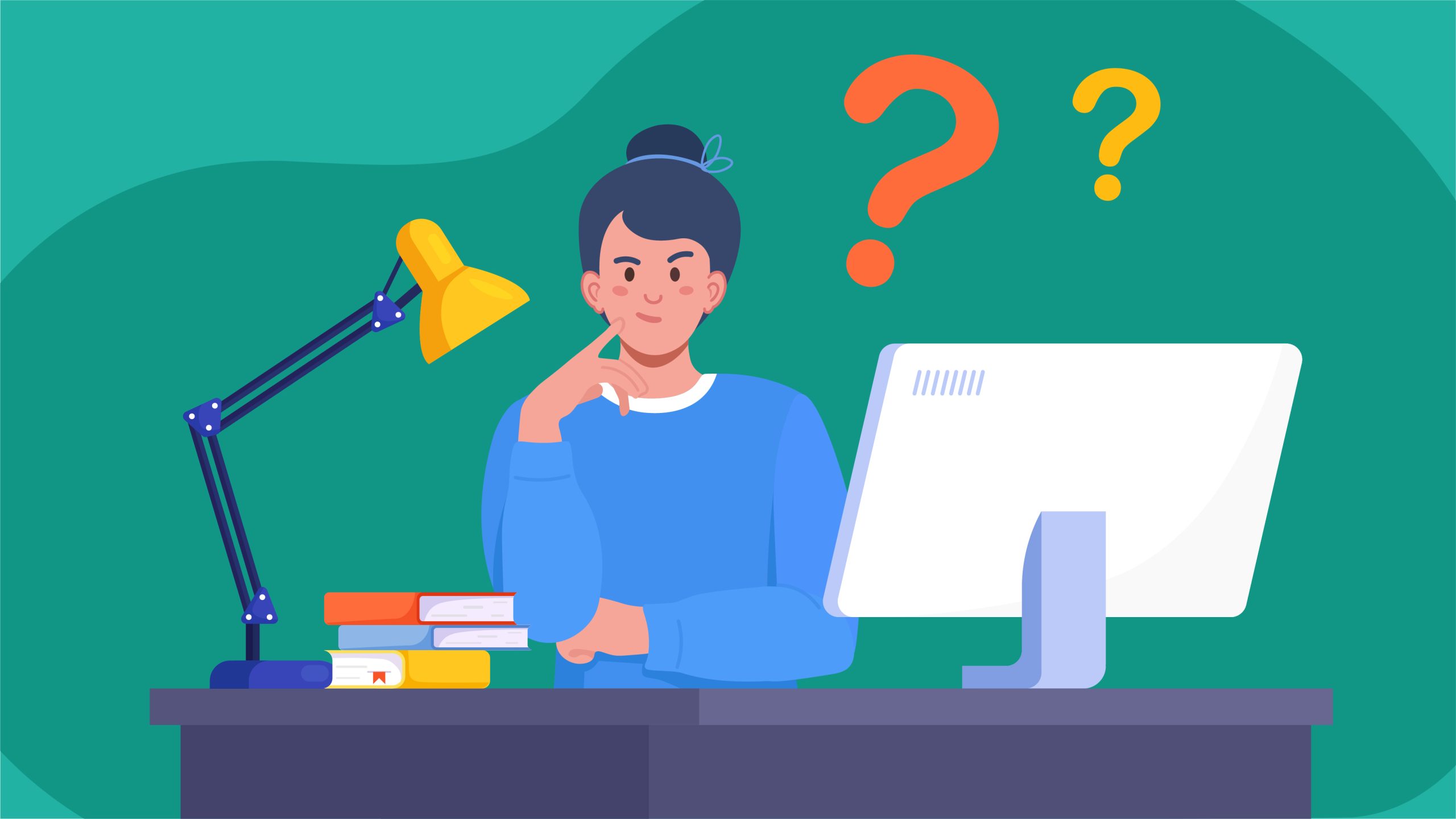 A person sits at a desk, contemplating, with books, a lamp, and a computer. Large question marks hover overhead, suggesting confusion or deep thought in an office setting.