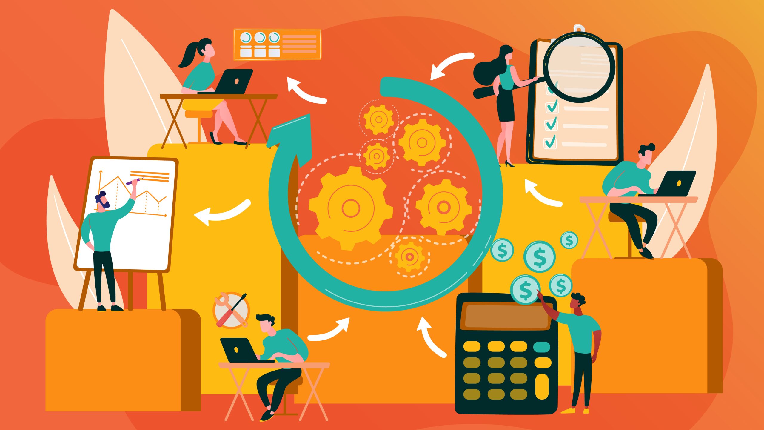 Gears and arrows illustrate a process, surrounded by people analyzing charts, working on laptops, and checking lists, set in a vibrant, collaborative office environment with rich orange hues.