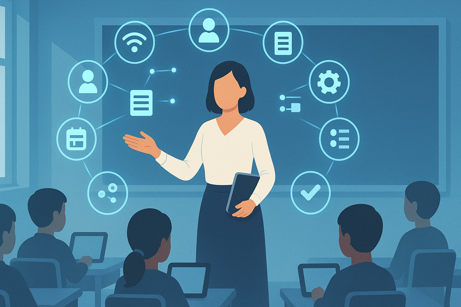 A teacher holds a tablet and gestures while digital icons, like Wi-Fi and calendar, surround her, illustrating technology in education. Students sit at desks using tablets in a classroom.