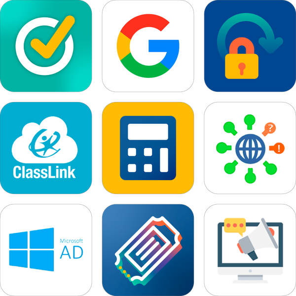 3 by 3 grid of apps and integrations logos including google, classlink, and one drive