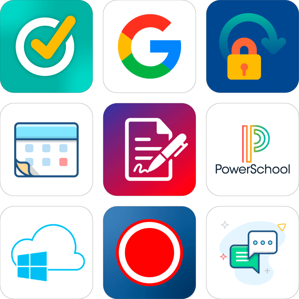 3 by 3 grid of apps and integrations logos including google and one drive
